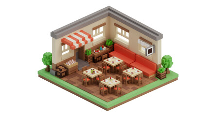 Isometric Pixel Art Cafe Interior: Wooden Tables Red Seating