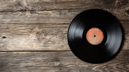 Vintage Vinyl on Rustic Wood: A timeless vinyl record rests on a weathered wooden surface, evoking nostalgia for an era of rich sound and classic music.