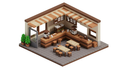 Isometric Pixel Art Coffee Shop: Brown and Beige Tones