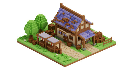 Fototapeta premium Isometric Pixel Art Village Shop with Wooden Barrels and Purple Roof
