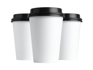 Angled Side View of White Disposable Coffee Cup with Black Lid, Coffee Shop Concept, Isolated on Transparent Background.