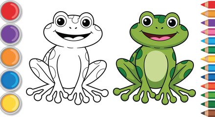 Cartoon frog coloring comparison vector, side-by-side outline and colored amphibian illustration for kids, fun educational art for activity books