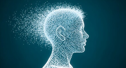 Obraz premium Digital human head dissolving into glowing data particles, symbolizing artificial intelligence and information processing