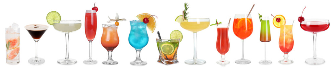 Variety of cocktails on glasses isolated on white, set