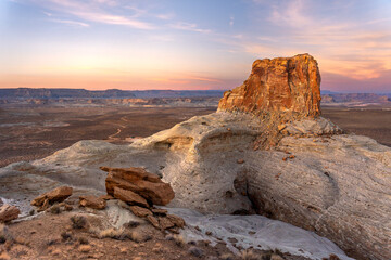 Panoramic View of the unknow Stud Horse Point at Sunset with Colorful Sky in Page, Arizona, USA