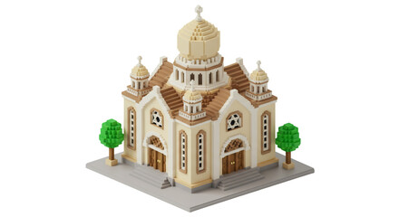 Fototapeta premium Voxel Style Beige Church Building with Green Trees