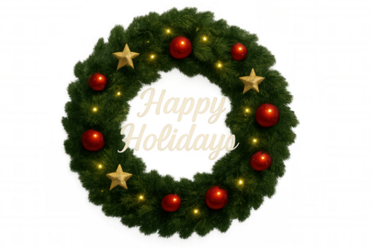 Festive christmas wreath featuring happy holidays message, green pine branches, shiny red baubles, golden stars