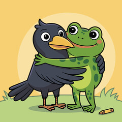 Cute cartoon frog and crow hugging, adorable animal friends illustration, friendly wildlife characters, nature love, playful amphibian and bird, children's book art