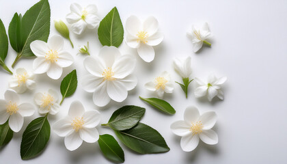 Obraz premium White Flowers And Leaves Arranged On A White Background