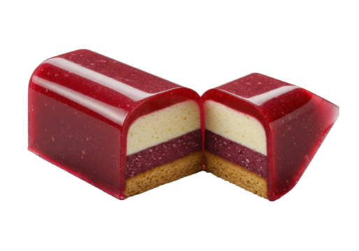 Gourmet ruby-red confectionery arrow, cut revealing swirling berry-red ganache and creamy vanilla mousse, translucent shell, transparent background, dramatic studio lighting. Concept of gourmet luxury
