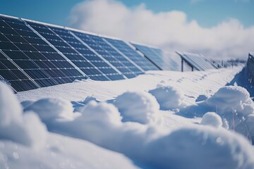 Solar panels generating sustainable energy in a snowy landscape, showcasing the resilience of renewable power generation