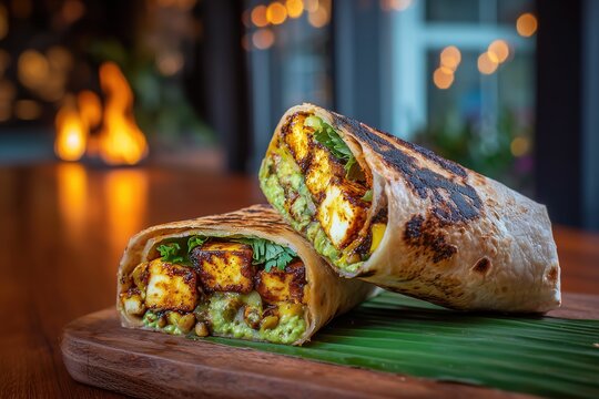 Paneer frankie wrap cut in half with grilled paneer, onions, capsicum, chutney on banana leaf