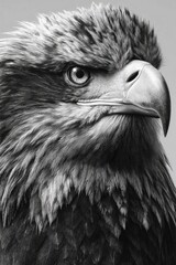 A close-up grayscale image showcasing the intricate detail of an eagle's head and plumage, emphasizing the textures and shadows.