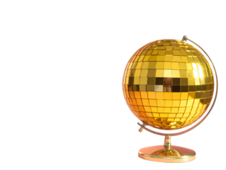 Retro Golden Disco Ball on Rotating Stand, Spotlight Glow, Angled Side View, Isolated on Transparent Background 