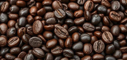 Dark brown, oily roasted coffee beans, close-up texture,   brown background,  cappuccino