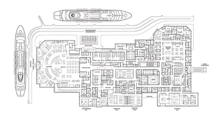 Detailed blueprint of a cruise ship deck plan, isolated on white background