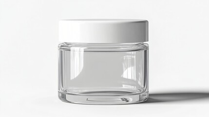 Clear cosmetic cream jar with white lid isolated on plain background for skincare packaging design