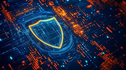 Futuristic glowing cyber security shield with digital data network background for technology protection concept