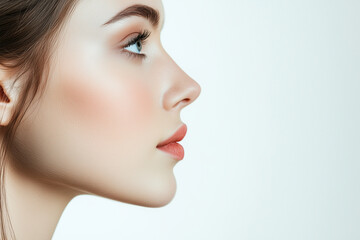 Fototapeta premium Elegant Profile Portrait of a Beautiful Woman’s Face on White Background, Female Beauty and Grace Concept