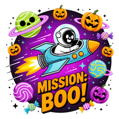 Fototapeta premium Astronaut cat flies rocket past halloween planets and pumpkins isolated on transparent background