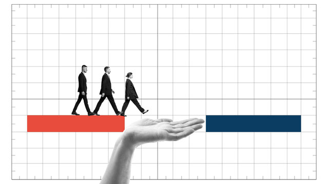 Collage of business team walking on abstract bars supported by open hand symbolizing guidance. Concept of leadership mentorship, workplace culture, career development, and corporate responsibility.