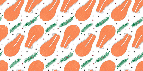 Salmon Steak with Allspices and Rosemary Twigs Seamless Pattern Healthy Eating Fond Banner Format