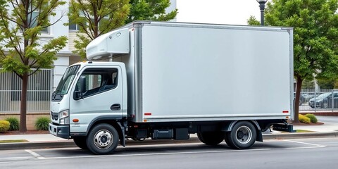 Delivery truck with large cargo box parked curbside, freight delivery, automotive