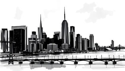 Abstract black, white, and gray cityscape sketch  Vector illustration of a city skyline, cityscape, background