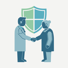 Fototapeta premium Flat-style illustration of a doctor and senior patient shaking hands, with a large protective shield behind them, conveying security