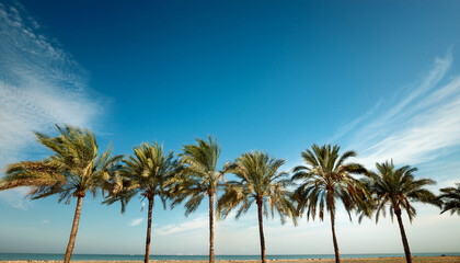 Fototapeta premium Row Of Palm Trees Against Light Blue Sky
