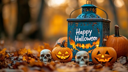 Halloween composition with pumpkins, skulls, and lantern featuring Happy Halloween text in spooky setting