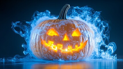 Glowing jack o lantern pumpkin with smoke effect on dark blue background for Halloween celebration