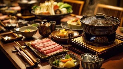 Traditional Japanese shabu-shabu dinner spread