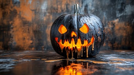 Creepy Halloween jack o lantern pumpkin with glowing smile on rustic wooden background