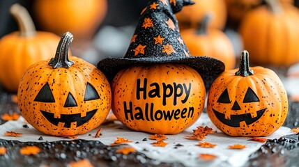 Halloween pumpkins with witch hat and Happy Halloween message in autumn celebration decoration