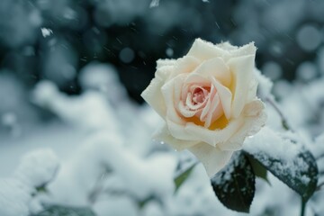 Snow falling on a delicate rose in winter, creating a scene of beauty and resilience