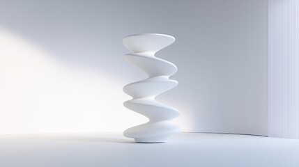 A white abstract sculpture with a twisted, organic form stands on a white floor against a light blue wall.