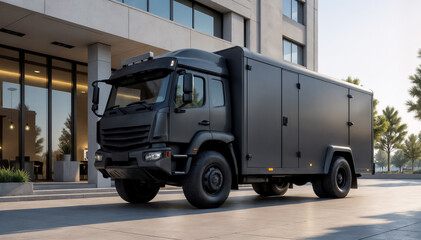 Obraz premium black armored cash-in-transit truck against the background of a modern building, money concept