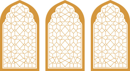 Islamic geometric window design, golden arch panels, traditional mosque art, lattice pattern, cultural architecture, symmetrical ornament, heritage vector illustration