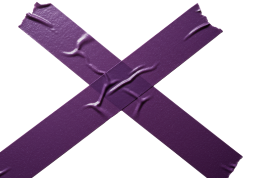 Extreme macro of two intensely purple masking tape strips, dramatically crossed as an 'X', one torn with fibrous texture, on a transparent background with soft bokeh. Minimalist graphic composition