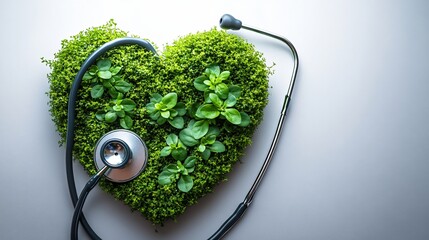 Green heart made of leaves with stethoscope symbolizing healthcare, wellness, and eco friendly medical concept