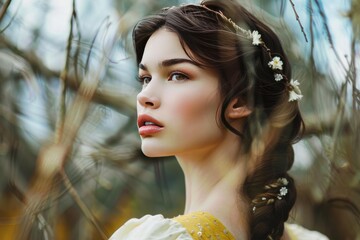 Beautiful princess with braided hair wearing a flower crown and medieval dress is posing in an enchanted forest
