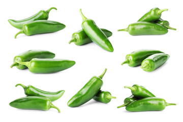 Fresh green jalapeno peppers isolated on white, set