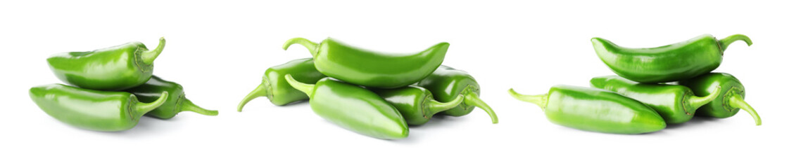 Fresh green jalapeno peppers isolated on white, set