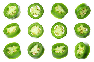 Jalapeno pepper slices isolated on white, set