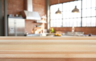 Obraz premium Empty wooden desk top with bright interior of kitchen