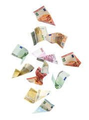 Money (euro bills) flying in air against white background