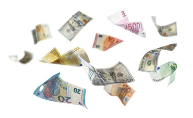 Money (euro bills) flying in air against white background