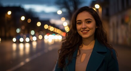 Obraz premium Smiling young woman on a city street at night with blurred lights