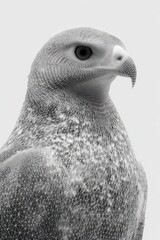 A detailed close-up of an eagle's head, rendered with a sophisticated wireframe technique, showcasing intricate details and a grayscale aesthetic.
